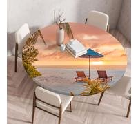 FANSU Round Table Protector Circle Tablecloth Elastic Edged Fitted Tablecloths Wipeable Stain Resistant Circular Table Cover for Dinning Room Kitchen Picnic Party (Island Beach 1,Diameter 60cm)