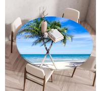 FANSU Round Table Protector Circle Tablecloth Elastic Edged Fitted Tablecloths Wipeable Stain Resistant Circular Table Cover for Dinning Room Kitchen Picnic Party (Island Beach 2,Diameter 110cm)