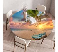 FANSU Round Table Protector Circle Tablecloth Elastic Edged Fitted Tablecloths Wipeable Stain Resistant Circular Table Cover for Dinning Room Kitchen Picnic Party (Island Beach 6,Diameter 120cm)