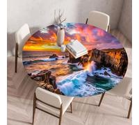 FANSU Round Table Protector Circle Tablecloth Elastic Edged Fitted Tablecloths Wipeable Stain Resistant Circular Table Cover for Dinning Room Kitchen Picnic Party (Island Beach 9,Diameter 110cm)
