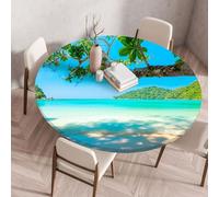 FANSU Round Table Protector Circle Tablecloth Elastic Edged Fitted Tablecloths Wipeable Stain Resistant Circular Table Cover for Dinning Room Kitchen Picnic Party (Island Beach 3,Diameter 90cm)