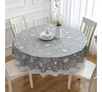 FANSU Round Tablecloth Pastoral Style Retro Floral Pattern Waterproof Oil-Proof Lace Table Cloth PVC Plastic Tablecloths for Circular Dining Table, Garden Home Decoration (220cm,Grey)