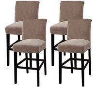 FANSU Stretch Velvet Bar Stool Covers with Backrest, Bar Stool Chair Slipcovers Washable Dining Room Chair Covers for Kitchen Breakfast Counter Short Back Pub Chairs (Light Brown,Set of 4)