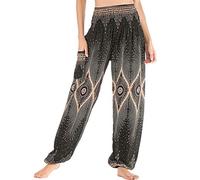 FANSU Women's Bohemian Pants, Thai Floral Baggy Harem Pants Yoga Printed Hippy Smocked Waist Hippie Trousers for Pilates (one size,Small eyes black)