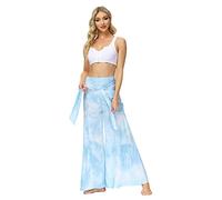 FANSU Women's Boho Pants Floral Printed High Waisted Wide Leg Drawstring Casual Loose Trousers Long Summer Baggy Elasticated Flared Pant for Yoga Beach Light Blue