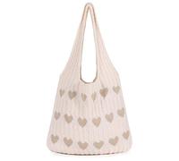 FanSynrare Crochet Tote Bag, Mesh Beach Bag Knit Summer Hobo Bag Vacation Boho Tote Bag for Women (Apricot Khaki Heart)