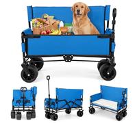 FANTASK 2-in-1 Handcart Foldable & Bench, Garden Trolley with Side Pockets & Adjustable Handle, Picnic Trolley up to 80 kg Load Capacity, Beach Trolley with Cushion, Transport Trolley for Camping