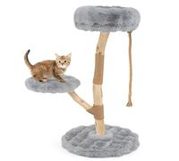 FANTASK 90 cm Solid Wood Cat Scratching Post with 3 Plush Seats, Jute Scratching Posts & Rope, Cat Tower Cat Furniture for Cats (Grey)