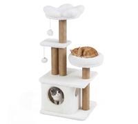 FANTASK 96 cm Cat Scratching Post with Cat Cave, Platform, Cat Bed, 2 Play Balls & Jute Posts, Sturdy Climbing Tree for Cats (Beige)