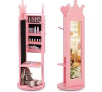 FANTASK Children's Jewellery Cabinet 360° Rotatable, 4-in-1 Mirror Cabinet with Full Length Mirror & Clothes Rack, Girls Jewellery Organiser in Pink, Jewellery Stand for Children from 3 Years