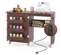 FANTASK Folding Sewing Machine Cabinet with Charging Station, Sewing Cabinet, Wooden Sewing Table with Shelves, 2 in 1 Sewing Machine Table with Lockable Wheels, Craft Disc for Bedroom and Living Room
