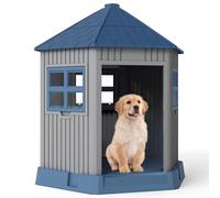 FANTASK Outdoor Dog Kennel, Winterproof Dog House with Large Door & 2 Windows Made of PP, Barn-Shaped, Outdoor Dog House for Medium to Large Dogs & Cats, Grey