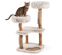 FANTASK Wooden Cat Scratching Post 101 cm, Solid Wood & Jute Scratching Post, Scratching Mat, 2 Plush Seats & 2 Large Platforms, Cat Climbing Tree Cat Furniture