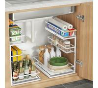 Fantasnight Kitchen Under Sink Storage Organiser - 3 Tier Metal Undersink Organisation for Cupboard - 2 Pack White