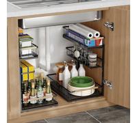 Fantasnight Kitchen Under Sink Storage Organiser Black 3 Tier 2 Pack | Undersink Organisation for Cupboard Metal Pull Out Cabinet Drawers Sliding Cleaning Shelf Organizer Solutions for Bathroom