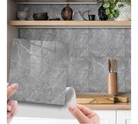 Fantasnight Marble Stick on Tiles 30 x 30cm 50Pcs, Grey Tile Stickers Self Adhesive Wall Tiles, PET Peel and Stick Wall Glossy Stickers for Kitchen Bathroom