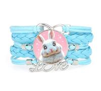 Fantastic Big Eyes Rabbit Love Star Adjustable Leather Braided Bracelet Blu