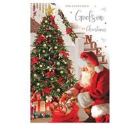 Fantastic Godson Christmas Card - Santa Putting Gifts Under the Tree Embossed with Foil and Flitter Details - By ICG
