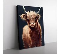 Fantastic Highland Cow Blue, Red, Brown Canvas Wall Art Print Ready to Hang, Framed Picture for Living Room Bedroom Home Office Décor, 76x50 cm (30x20 Inch)