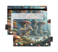 Fantastic Monsters Mushrooms 2 Pack 3 Ringed Pencil Pouch for Kids School, Clear Pen Pouch Binder for Boys Girls, 9.8″ × 7″