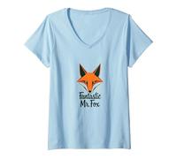 Fantastic Mr. Fox: Clever Woodland Creature Art V-Neck T-Shirt, Women, Baby Blue, L