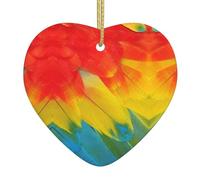 Fantastic Parrot Feather Printed Ceramic Christmas Heart Pendant, Christmas Tree Decoration With Gold Thread Rope