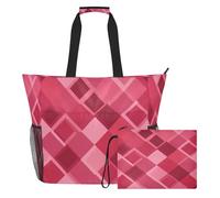 Fantastic Rhomboid Hot Pink Red Portable Washable Tote Bag with Zipper and Mesh Pockets, 2 PCS Weekender Overnight for Toys, Towels, Travel, Cruise