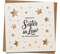 Fantastic Sister-in-Law Birthday Card, Gold Star Design, 145mm x 145mm Square Greeting Card with Kraft Envelope