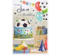 Fantastic Son Birthday Card - Football Birthday Cake and Balloons Embossed with Foil Details - by ICG