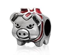 Fantasticharm Lucky Pig Charm with Red Enamel Ribbon Bow Authentic 925 Sterling Silver Piggy Bank Bead fits European Charm Bracelets