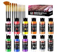 fantastory Metallic Iridescent Acrylic Paint Set with 12 Brushes, 12 x 2oz Metallic Colors, Color-Shifting, Craft Paint Kit, Metal/Canvas/Rock/Stone/Ceramic/Model/Wood Painting [Balanced Series].