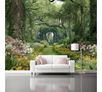 Fantasy 3D Photo Murals Greenery Flower-Lined Paths Ancient Trees 350 x 256 Cm Non-Woven Wallpaper Wall Art Photo Wallpaper Wall Mural Home Bedroom Living Room Poster Decoration
