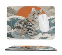 Fantasy Abstract Great Waves Non-Slip Mouse Pad,Modern Colorful Ocean Waves Japanese Cat Red Sun with Most Types of Mouse,Stitched Edges for Decoration 20x24 cm