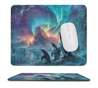 Fantasy Abstract Penguin Soft Stitched Edge Mouse Pad,Rustic Beautiful Aurora Borealis Mountain Wildlife Penguins Non-Slip Mousepad for Office,Home 25x30 cm