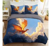 Fantasy Adventure Duvet Cover Set Double Grey - Reversible Dragon Cloud 4 Piece Complete Bedding Set with Fitted Sheet Pillowcase - Soft Easy Care Microfibre Quilt Cover set