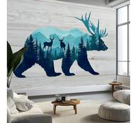 Fantasy Animal Bear Elk Pine Forest Photo Wallpaper 400 x 280 cm Non-Woven Premium Fleece Wall Mural, Grey Bedroom Dining Room Kitchen Living Room Decoration Poster