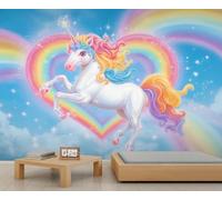 Fantasy Animal Children’S Wallpaper 3D Cartoon Animal Murals White Horse Mural Rainbow Heart Wall Art for Living Room Bedroom Wallpaper Not Peel and Stick 300 x 210 cm