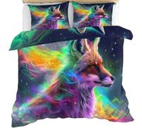 Fantasy Animal Comforter Cover Single Fox Duvet Cover Neon Galaxy Fox Comforter Set Kids' Bedding Set Soft Microfiber with Pillowcases with Zipper Ties