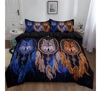 Fantasy Animal Wolf Head Feather Dreamcatcher Duvet Cover Single, Soft Comfortable Bedding Washable, Reversible Hypoallergenic Quilt Cover Black - Lightweight 3-Piece Bedroom Decor