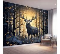 Fantasy Animals Jungle Deer Photo Mural Wallpaper Black Gold Photo Wallpaper 3D Effect, 300 x 210 cm Non-Woven Wall Mural Home Bedroom Living Room Tv Background Poster Decoration