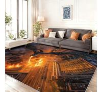 Fantasy Area Rug 80 x 150 cm - Soft Non-Slip Washable Large Carpet for Living Room Bedroom Nursery, Stain-Resistant Short Pile Flames Cities Dragons Rugs Colorful Home Decor