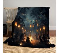 Fantasy Art Dark Village Samurai Blanket - 200 x 200cm Soft grey Flannel Throw - Throw Blanket for Halloween Valentine's Day Gift Boys Girls Adults Bed, Couch, Couch Nap, Living Room Decor