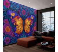 Fantasy Art Photo Wallpaper Butterfly Floral Stained Glass Art 3D Wall Paper, Large Wall Murals Hd Printing Water Proof for Living Room Bedroom Bathroom Kitchen 300 x 210 cm