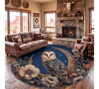 Fantasy Art Round Area Rug Living Room, Washable Non Slip Carpet 120 cm | Soft Low Pile Rustic Owl Sky Moon Stars Circle Rug, Dark Blue Stain & Fade Resistant Carpet for Bedroom Living Room