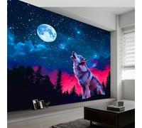 Fantasy Art Wall Mural 350 x 256 cm Photo Wallpaper, Night Sky Forest Starry Wolf Non-Woven Wall Mural Poster Modern Design for Living Room Bedroom Children's Room Corridor Decoration