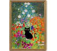 Fantasy Artists Gustav Klimt Canvas Wall Art, Framed Aesthetic Cat Floral Wall Decor, Garden Flower Black Cat Poster Paintings for Living Room Bedroom Bathroon, Dorm Home Decorations, 16" X 24"