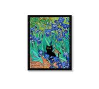 Fantasy Artists Van Gogh Irises Cat Wall Art, Framed Vintage Garden Canvas art Wall Decor, Funny Black Cat Poster Print, Home Office Decor Gift,Bathroom,bedroom,Living Room Decorations 8x10 Inches