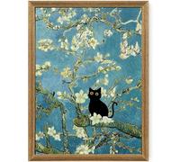 Fantasy Artists Van Gogh's Almond Blossom Funny Black Cat Canvas Wall Art, Oil Painting Posters Home Decor, Vintage Abstract Aesthetic Wall Decorations for Living Room Bedroom, 12'' x 16''
