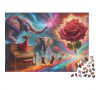 Fantasy Artwork with Elephants, Roses, And Music Jigsaw Puzzles Puzzle for Adults Kids. 1000 Pieces Whimsical Challenge Toy Educational Games Home Decoration for Educational Games Gifts 70x50cm/1000p