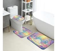 Fantasy Bathroom Mat Sets 3 Piece, Colorful Forest Creatures Absorbent Non Slip Toilet Rugs U Shaped Washable, Dreamy Nature Quick Dry Flannel Bathroom Rug Set